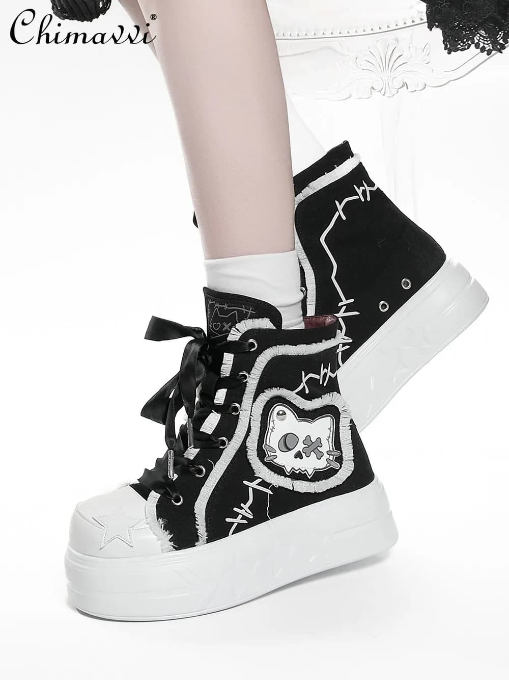 Scarpe Originali in Tela con Suola Alta, Nuova Moda Giapponese, Sneakers con Suola Spessa, Stile Graffiti Subculturale, Scarpe con Punta Larga per Donne