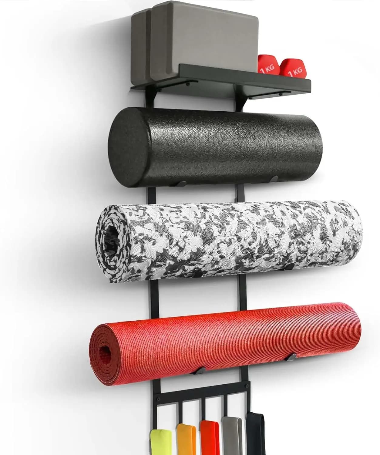 Wall mount for yoga mats with 4-level shelf and 5 hooks for the organization of mats, blocks and rollers in the home gym.