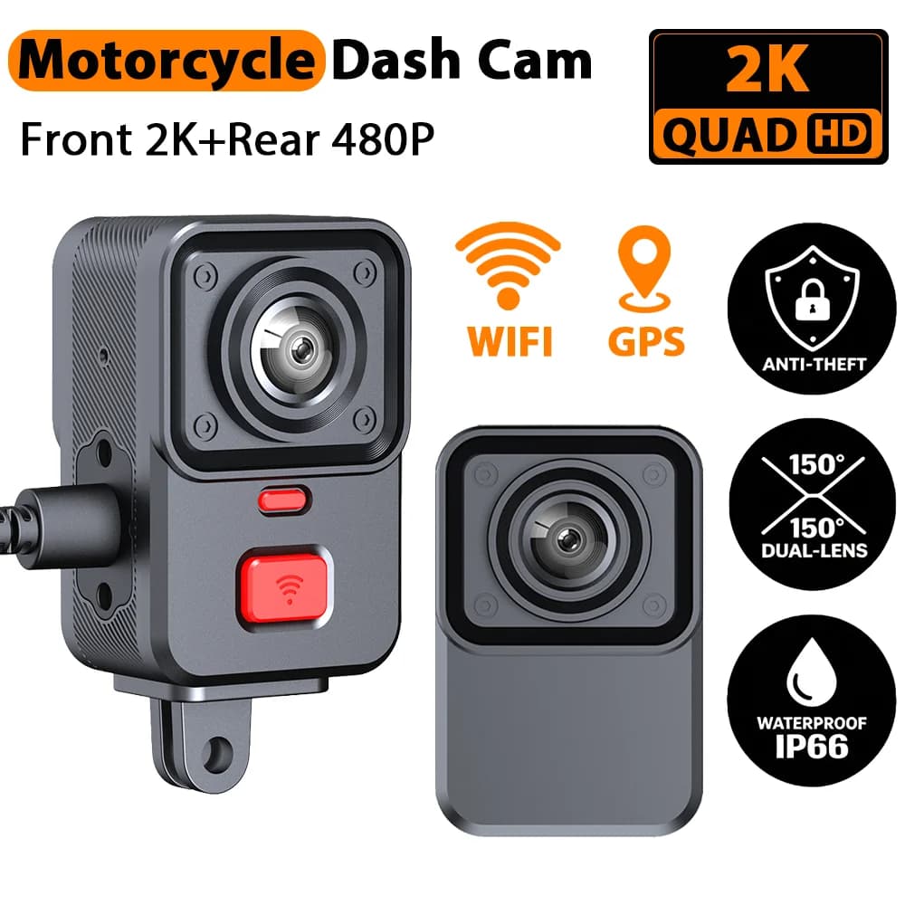 Motorcycle Dash Cam Dual Camera Front 2K HD Rear 480P WiFi GPS Waterproof IP66 Riding DVR Video Recorder Safety Camera