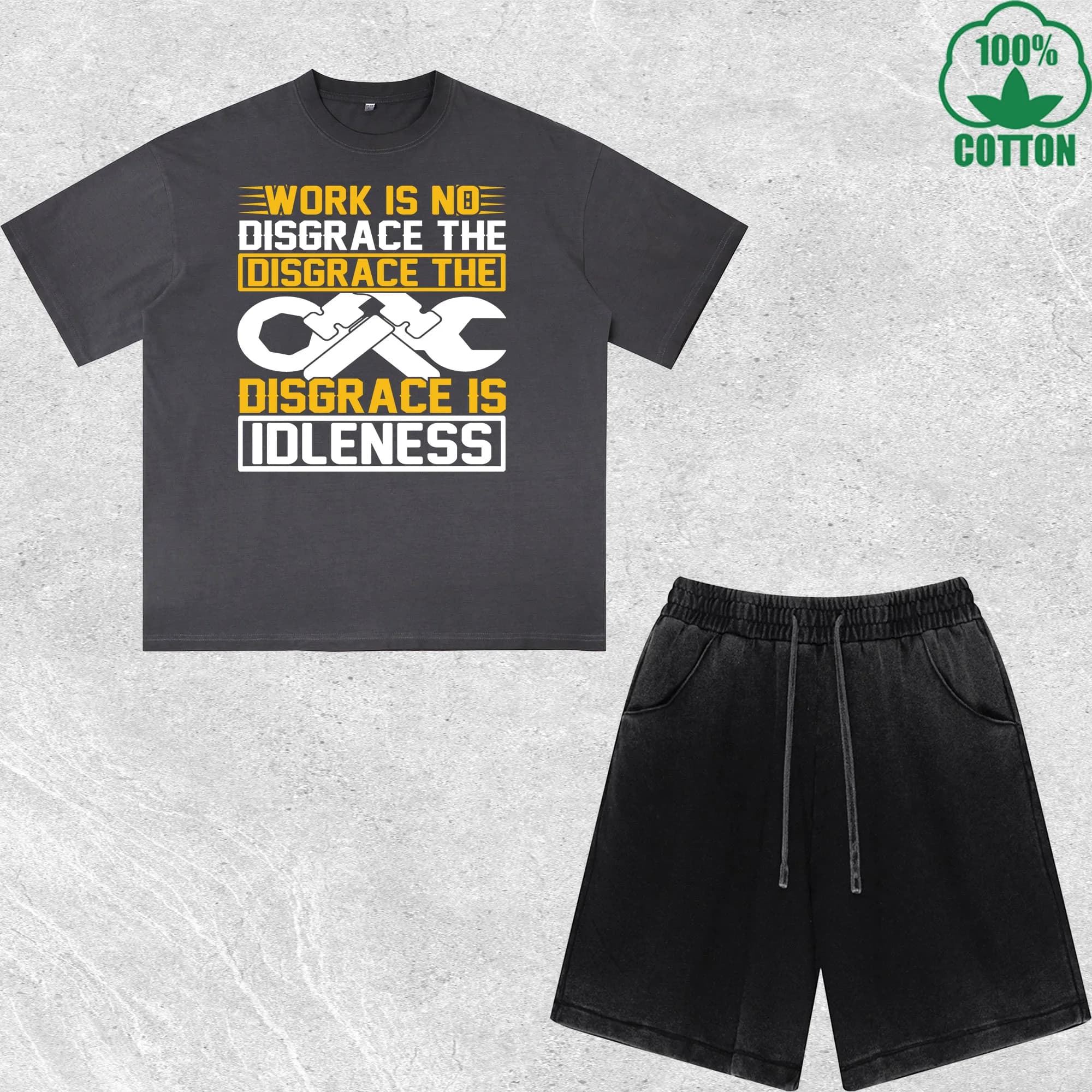 Set T-shirts and Shorts Printed for Labor Day, Delavé Effect, Multicolor, Wide fit, Trendy, Fashion, 100% Cotton