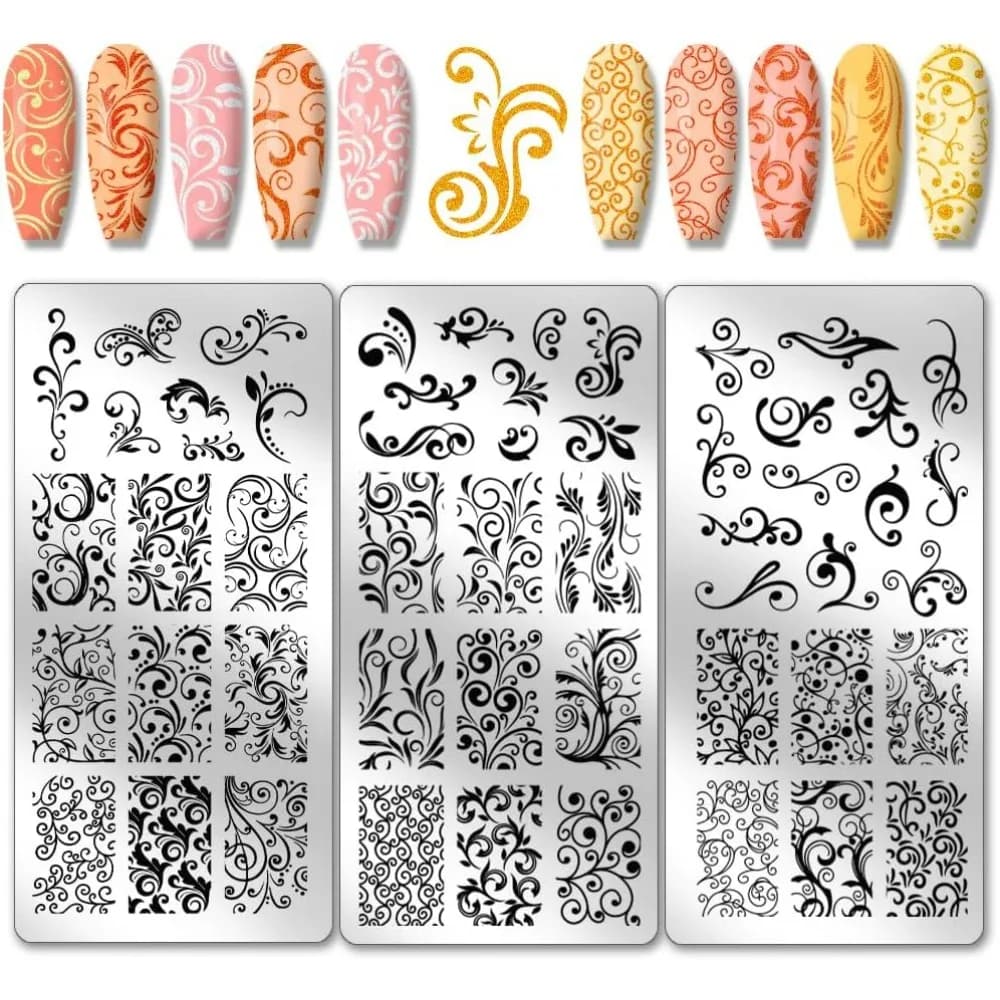 3 pezzi modelli per nail art con motivo a spirale piastra per timbratura francese per unghie 52 modelli pianta floreale stencil per nail art in acciaio inossidabile