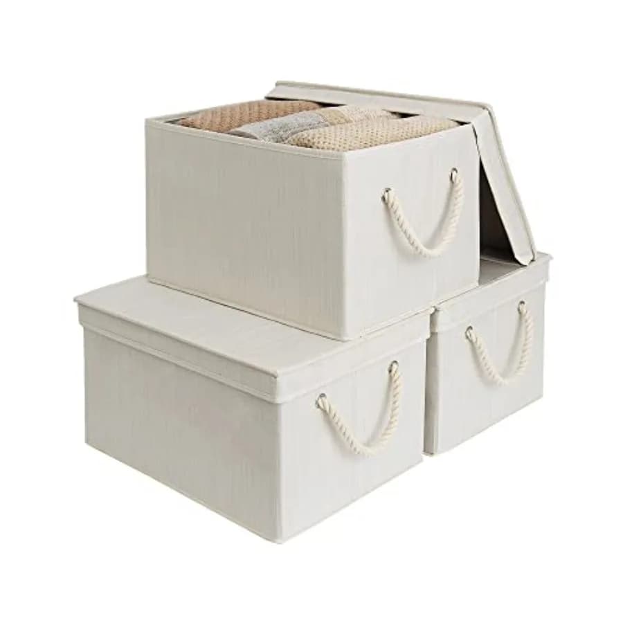 Contenitori portaoggetti con coperchi, scatole decorative con manici in corda morbida, cesti portaoggetti pieghevoli e impilabili per armadi e scaffali