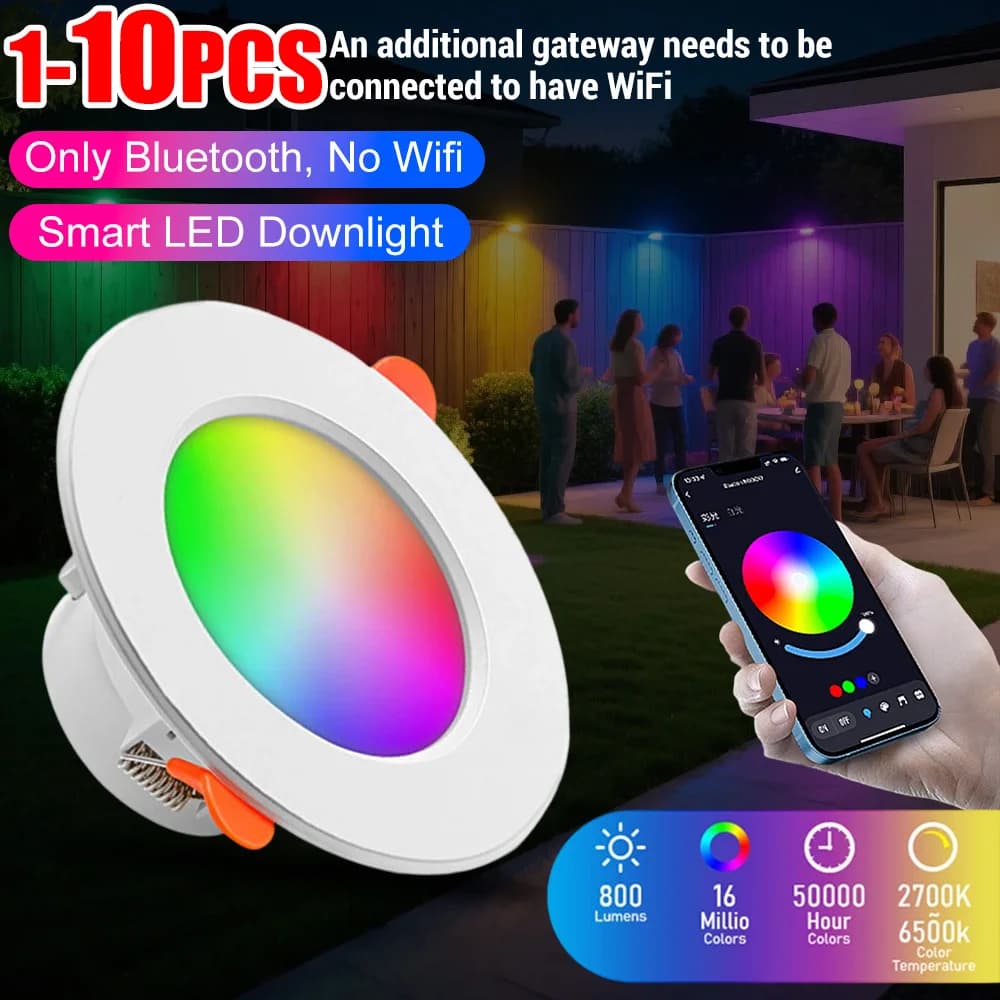 10W Smart LED Downlight Bluetooth-Compatible RGB Smart Spotlight Dimmable Recessed Ceiling Lamp 2700K-6500K for Home Lighting