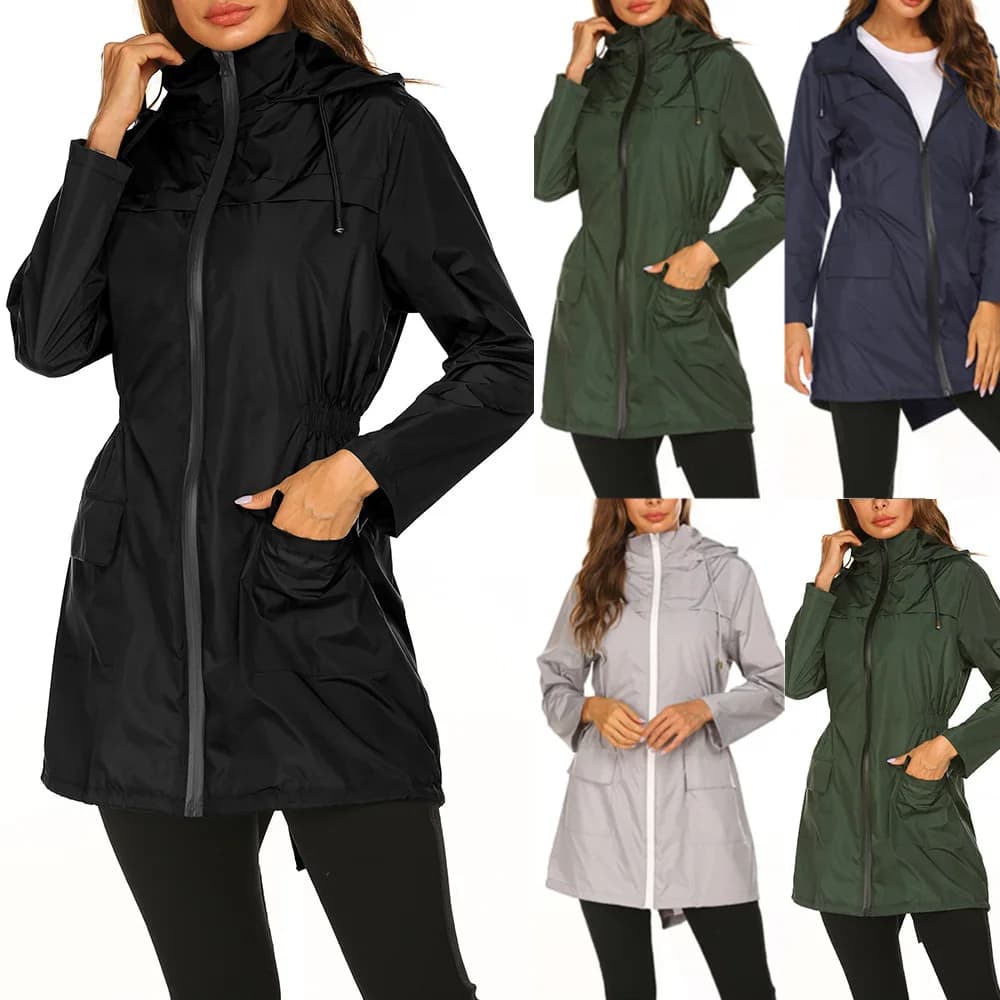 Impermeabile leggero da donna Giacca impermeabile con cappuccio da esterno Giacca a vento solida Giacche antipioggia da arrampicata lunghe da donna Capispalla