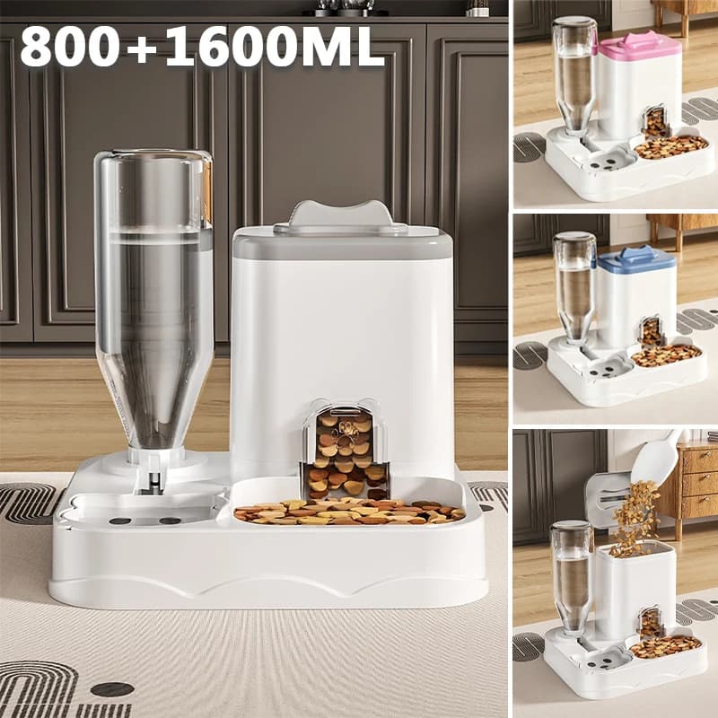 Dispenser Automatico Integrato per Cibo e Acqua per Animali Domestici 800+1600ml, Ciotola per Cani e Gatti, Ideale per Viaggi