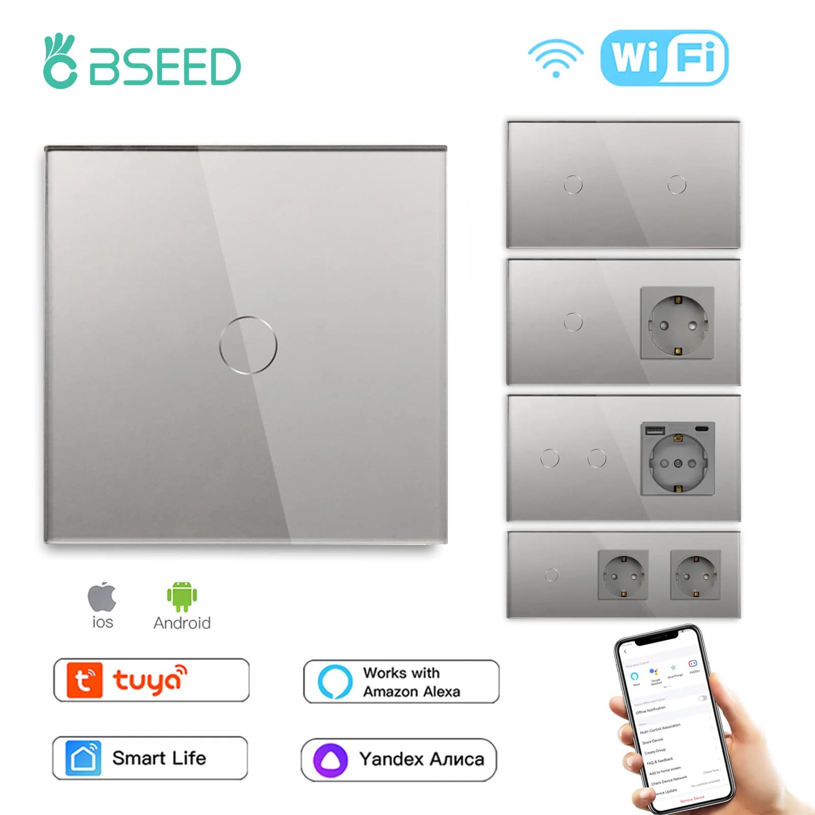 BSEED Wifi 1/2/3Gang interruttori tattili 1/2/3 vie Interruttore della luce da parete Tuya Smart Life Control con presa europea Presa di corrente elettrica USB