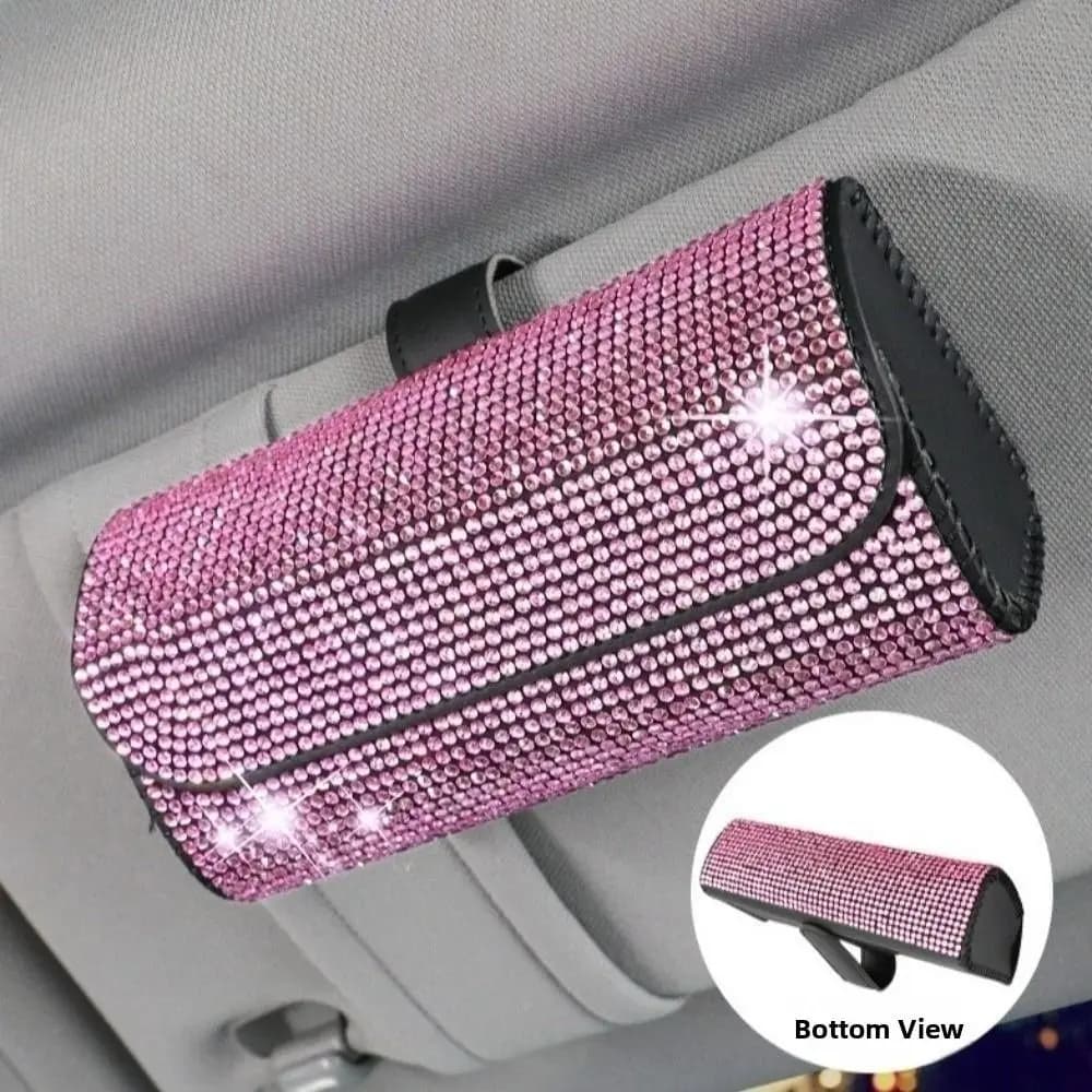 Custodia per occhiali portatile per visiera parasole con strass Porta occhiali per auto in pelle PU Porta occhiali da sole in cristallo di lusso Scatola di immagazzinaggio Guida