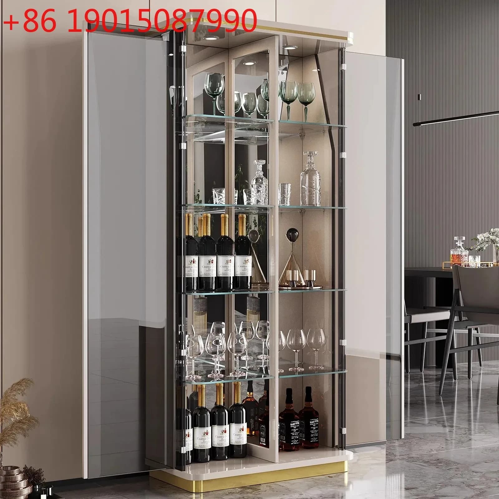 Mobiletto portabottiglie in vetro trasparente per soggiorno, stile moderno e minimalista, di lusso leggero, per esposizione vino rosso.