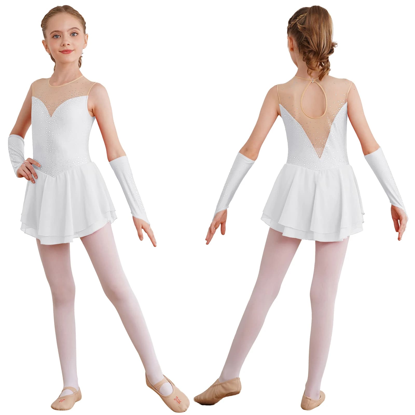 Vestito da pattinaggio di figura per ragazze Ginnastica ritmica Costume da ballo lirico Body con strass lucidi Tutu di balletto con guanti Abbigliamento da ballo