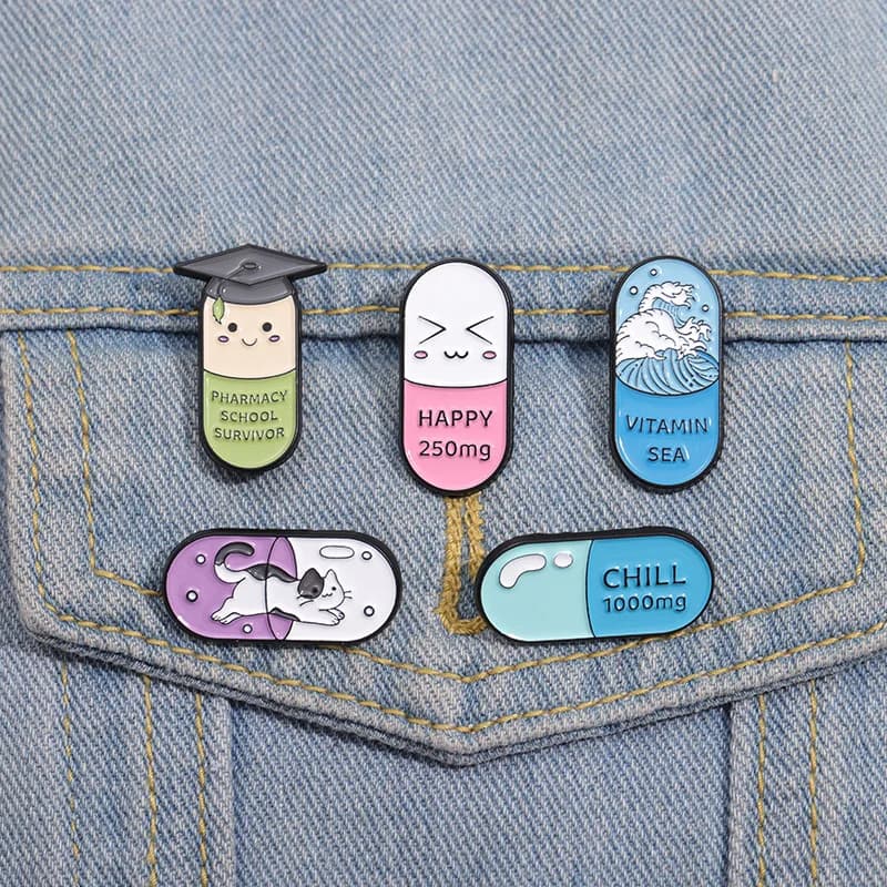 Cute Pill Enamel Pins Set "Happy 250mg" "Chill 1000mg" Brooch Funny Cat Vitamin Sea Badge for Backpack Lapel Pin Jewelry Gift