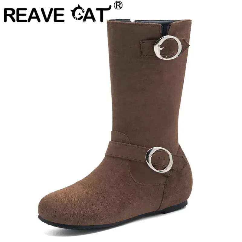 ORCHA LISA Fashion Casual Female Women's Mid Calf Boots Round Toe 4cm Increased Heel Decor Flock Suede Size 42-43 Leisure Daily
