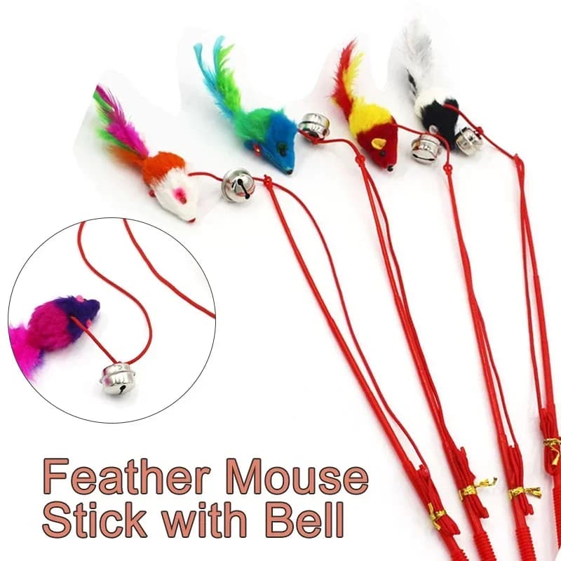 Bacchetta interattiva per canna da pesca per gatti - Divertente bastone per mouse con piume e campana ciondola i topi finti, giocattolo da gioco per gattini