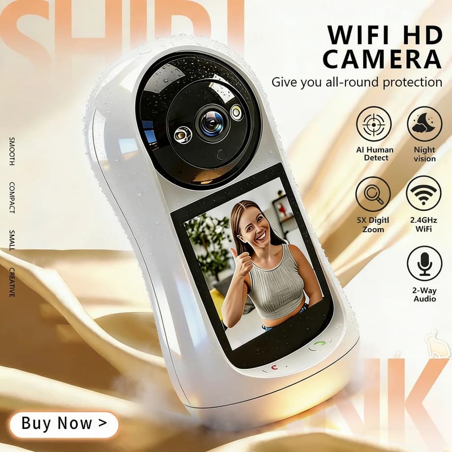 Telecamera PTZ WiFi iCSee 3MP con schermo IPS da 2,8 pollici, videochiamata, rilevamento del pianto del bambino, monitor di sicurezza per interni.