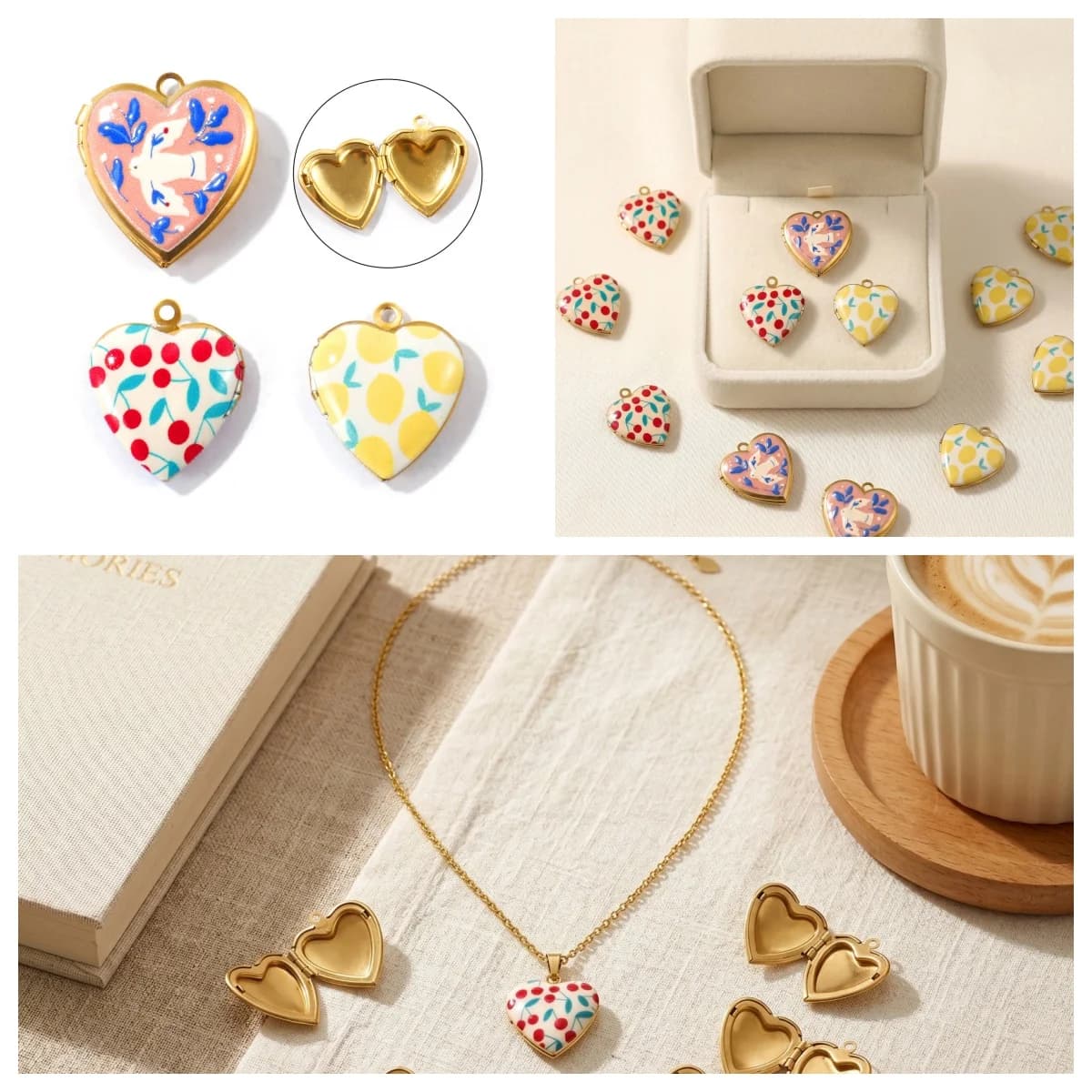 2pcs 304 Stainless Steel Picture Photo Locket Frame Pendants 18K Gold Plated Heart Printed Charms DIY Necklace Jewelry Making