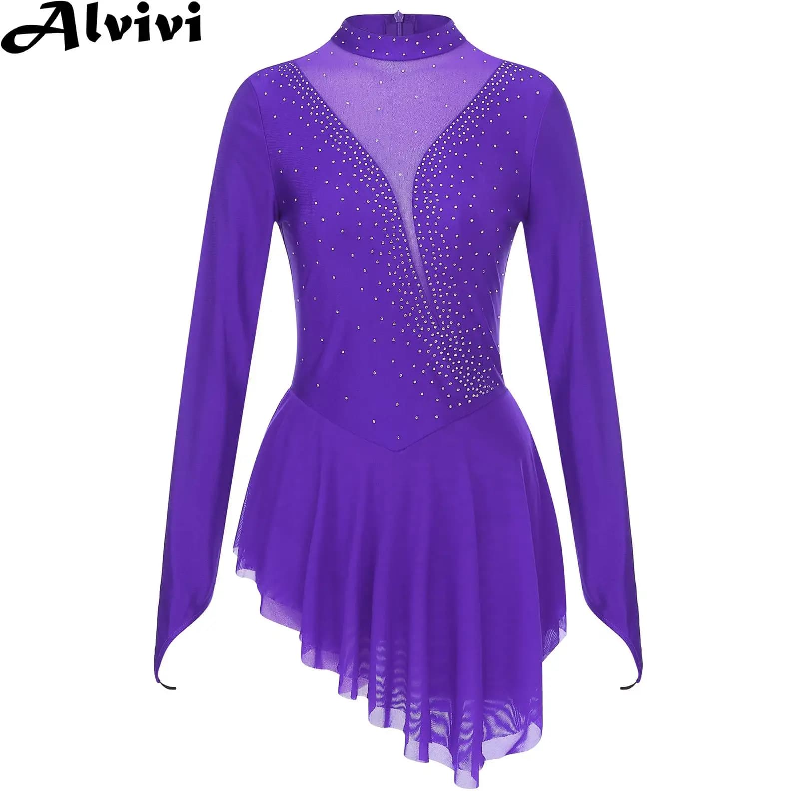 Body da ginnastica per pattinaggio su ghiaccio da donna, vestito da danza lirica, costume da balletto, manica lunga, strass lucidi, maglia trasparente, abbigliamento da ballo