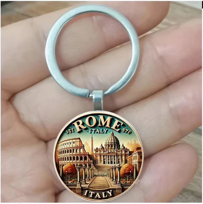 Portachiavi per il Colosseo e la Basilica di San Pietro a Roma, souvenir di viaggio con un antico design architettonico romano, gif