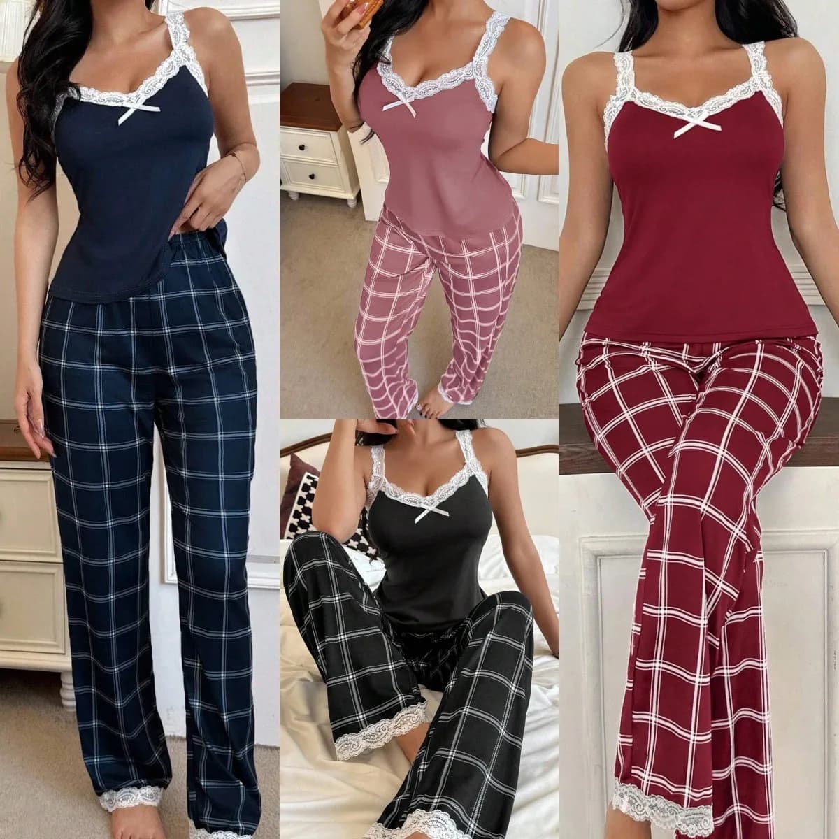 Pigiama da donna in maglia con bordo in pizzo, pantaloni a gamba larga lunghi, blu navy, rosa antico, per casa