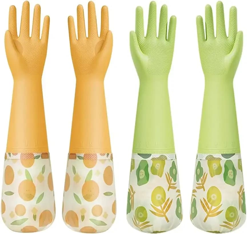 2 Pairs Reusable Latex-Free Dish Gloves, Cotton Lined, Non-Slip Waterproof for Kitchen, Laundry, Gardening (Yellow & Green)