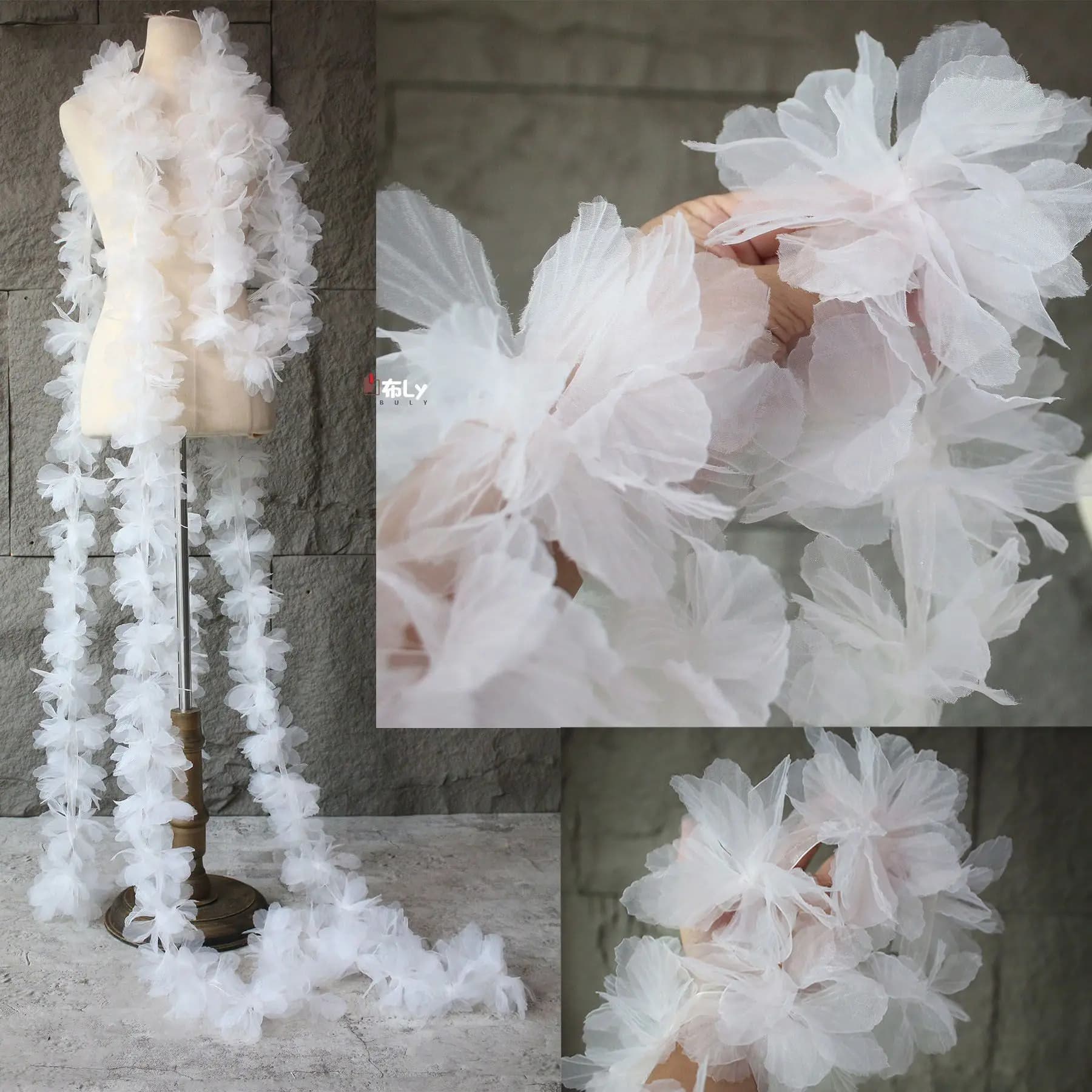 Passamaneria in pizzo organza lucido con grandi fiori 3D per decorazione di abiti da sera, accessorio per la modifica di capi di abbigliamento fatti a mano, tessuto per designer.