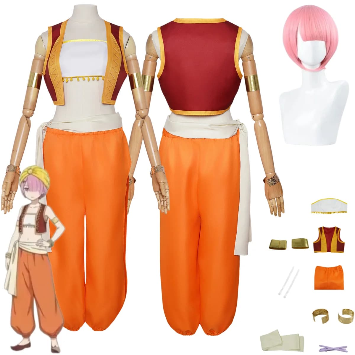 Anime Re:Life in A Different World From Zero Ram Cosplay Costume Ethnic Style Yellow Uniform Wig Woman Sexy Party Suit