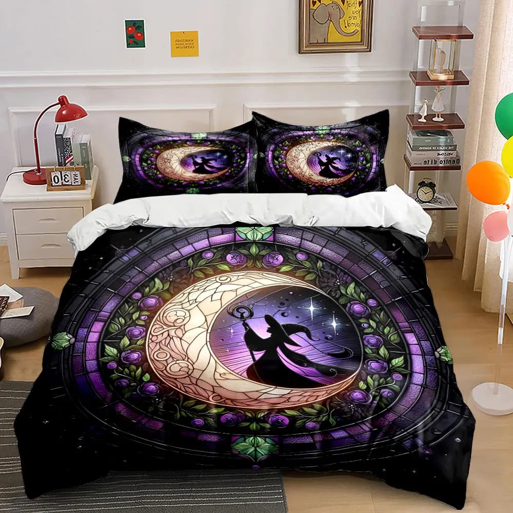 Set di biancheria da letto Moon Witch Stained Glass Decor con 1 copripiumino e 2 federe, singolo, matrimoniale, king, queen, regalo