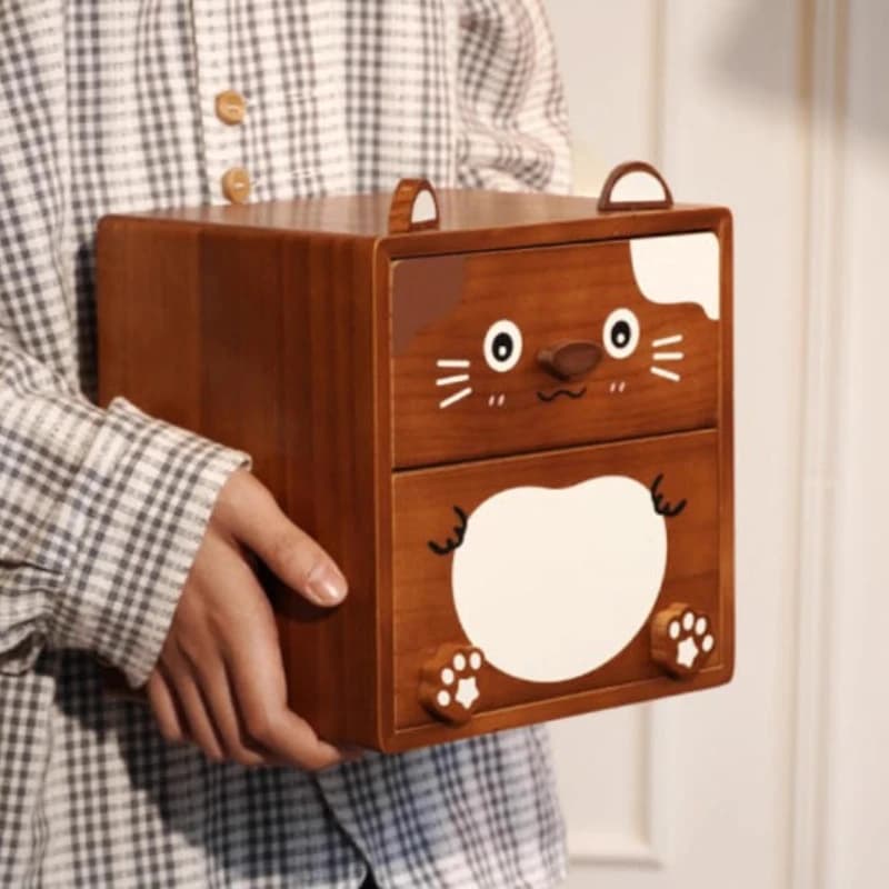 Scatola portaoggetti da tavolo a forma di gatto carino Cassetto in legno Scatole portaoggetti per articoli vari Scatola portaoggetti in legno per scrivania Organizzatore di cancelleria per cartoni animati