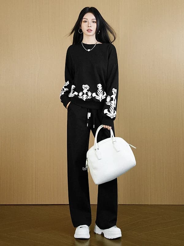 Nuovo Stile Autunnale: Completo Sportivo Casual da Donna, Pantaloni Larghi e Felpa Nera, Set Due Pezzi con Effetto Snellente