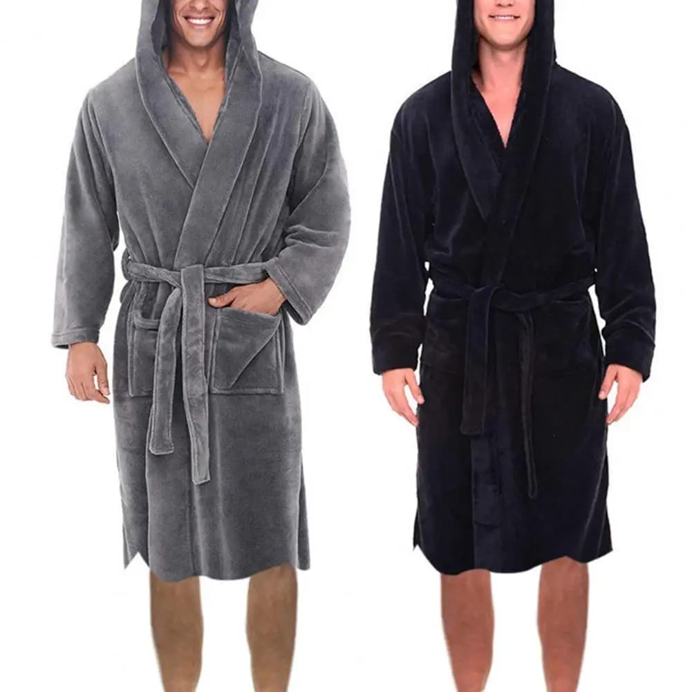 Camicia da notte in pile Accappatoio in peluche Manica lunga Tasca Cintura Solido Accappatoio da uomo Inverno caldo con cappuccio Lungo in pile Abito da casa Indumenti da notte