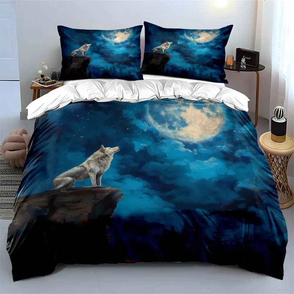 3Pcs Howling Wolf Bedding Set, White Wolf Under Full Moon Print Duvet Cover + 2 Pillowcases, kids and adults home Decor