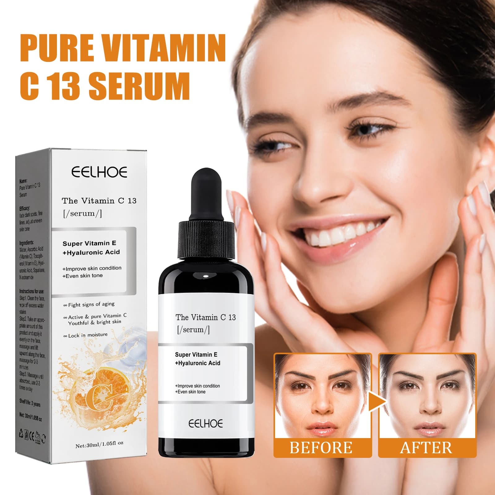 Hyaluronic acid serum with vitamin C facial essence reduces thin lines and dark spots illuminates the skin moisturizes the product for facial care