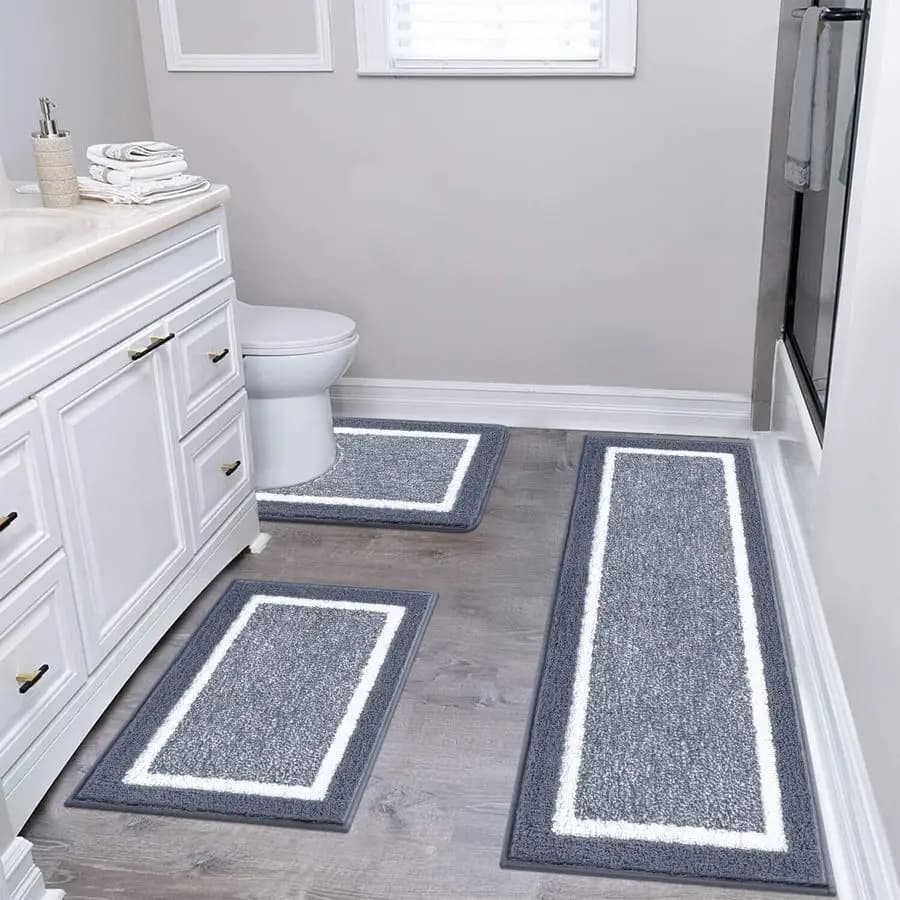 Set of 3 Bathroom Mats, Microfiber Shaggy Bathroom Sets, Ultra Soft Non-slip Mats, U Shaped Mats for WC