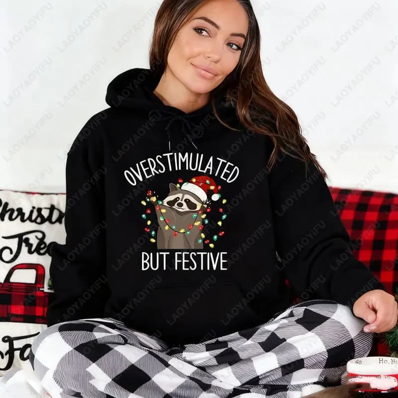 Felpa natalizia oversize ma festosa procione divertente felpa natalizia procione felpa natalizia con cappuccio Meme pullover a collo alto