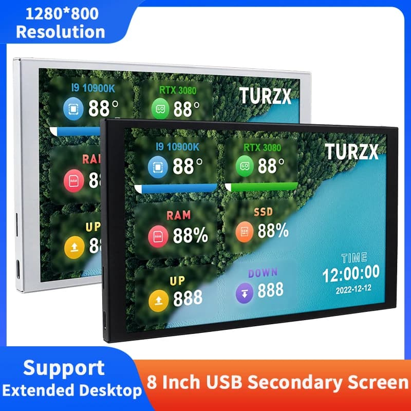TURZX 8 pollici IPS USB schermo secondario 1280*800 LCD CPU GPU RAM supporto monitor per computer desktop esteso per Windows 10 11