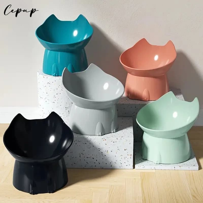WhiskerWare Elevated Cat Bowl Anti-Tip Plastic Raised Pet Feeding Dish with Tilted Edge Neck Protection Kitty Food