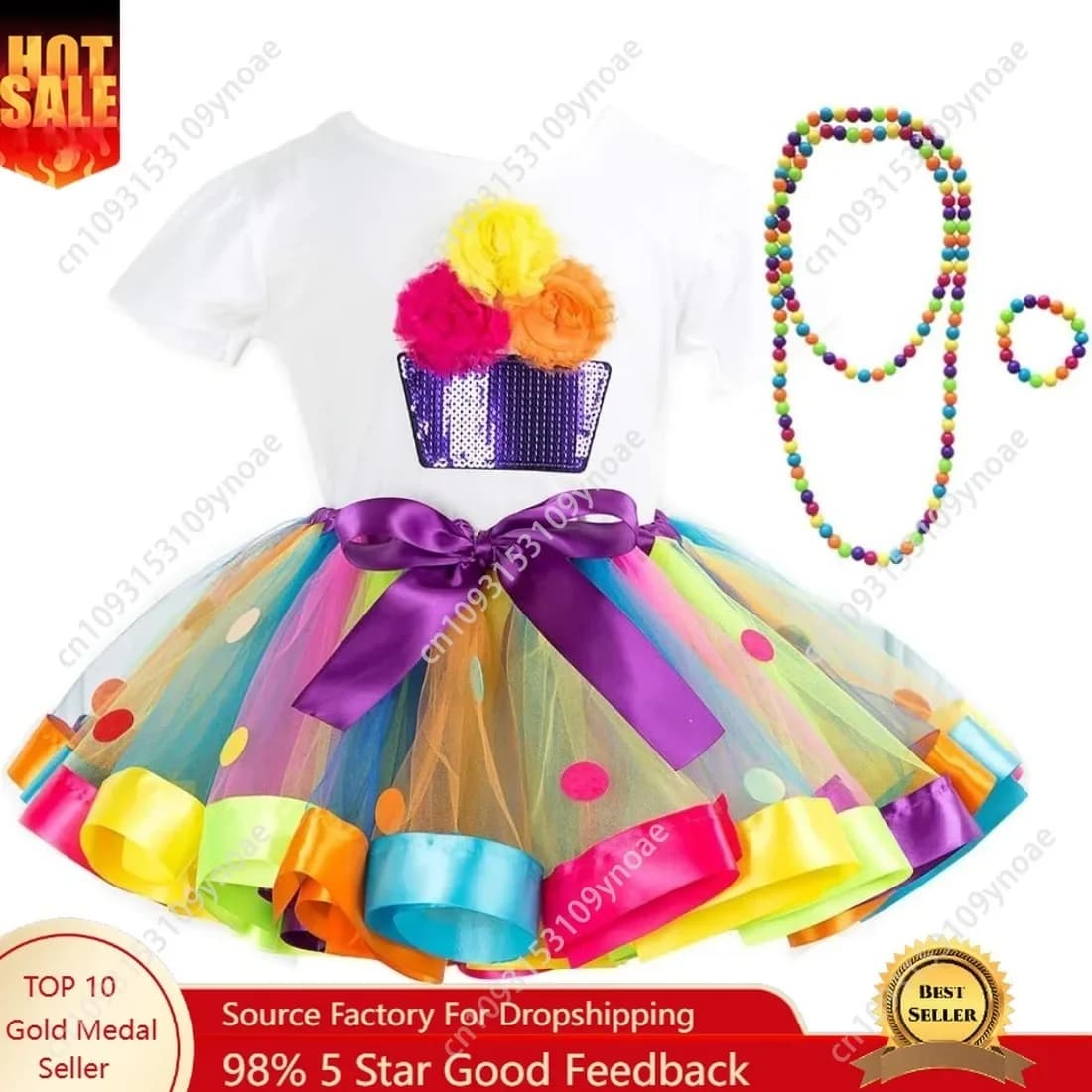 Gonna Cake Set of 2 Pieces Women's Teen Gonna Tutu Top Cotton Short Sleeved Rainbow polka dots Dance skirts Bracelet