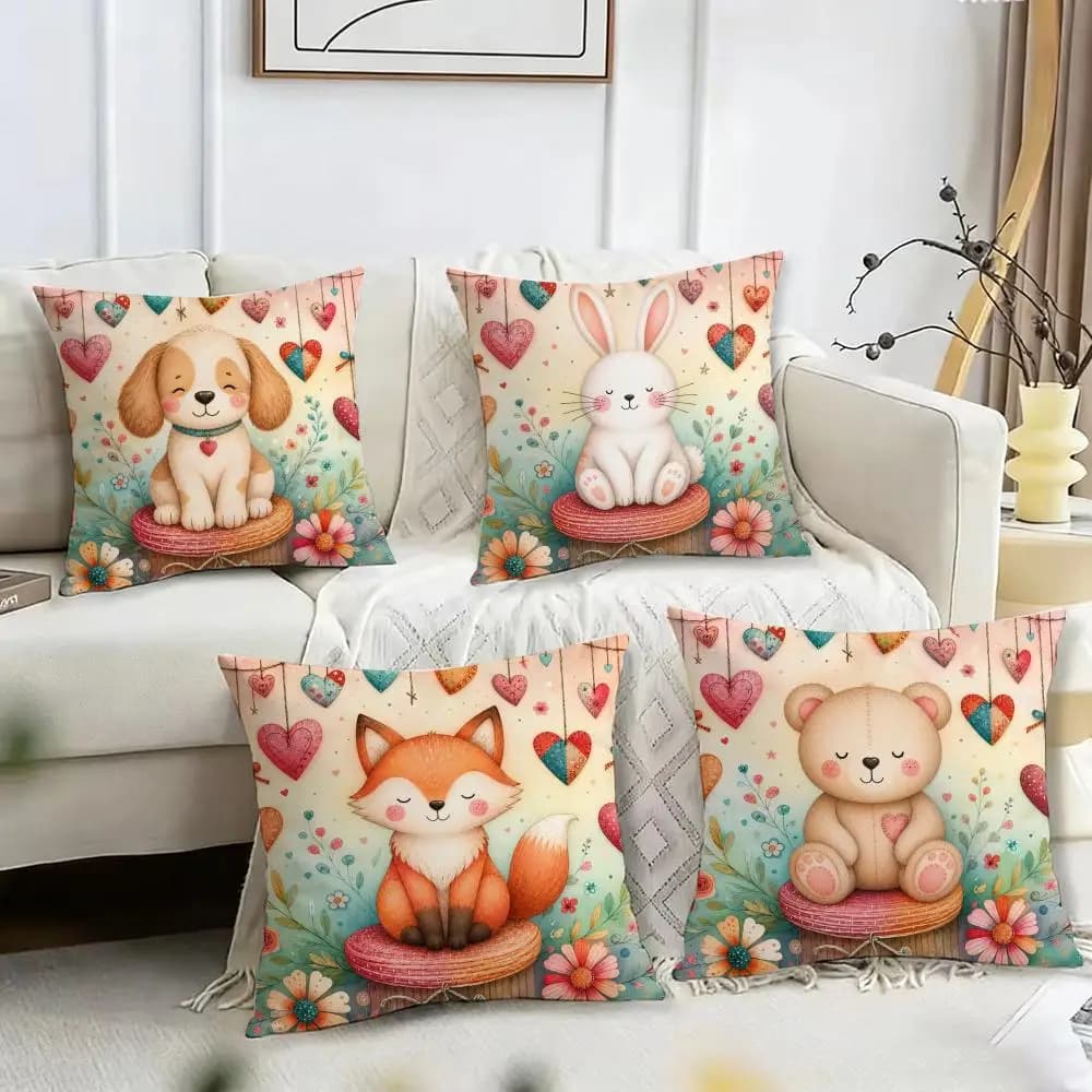 Cute Heart Animals Cushion Cover Pillow Case Short Plush Square Throw Pillow Covers Pillowcase Sofa Home Decor Gift