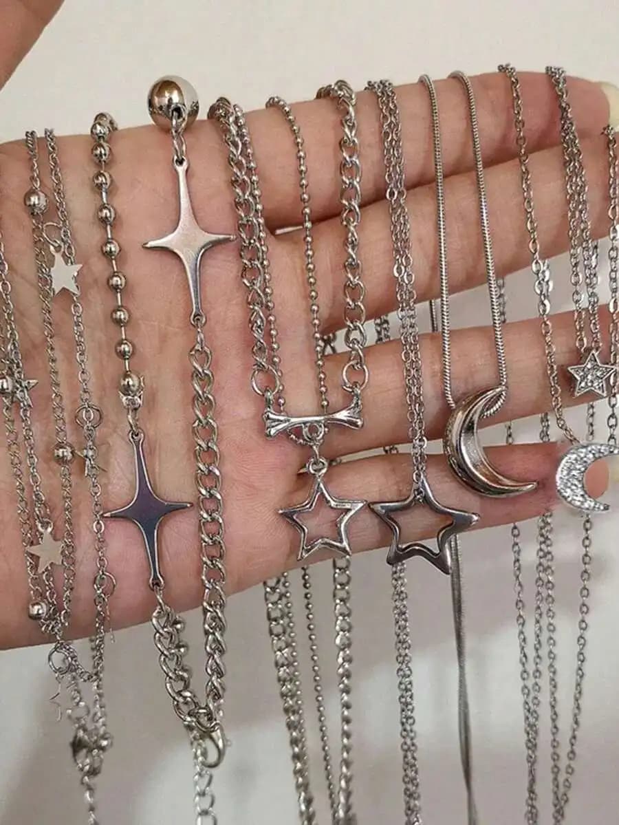 6 collane con ciondolo a forma di stella e luna crescente color argento per donna, set di gioielli in stile Goth Punk Y2K Grunge EMO