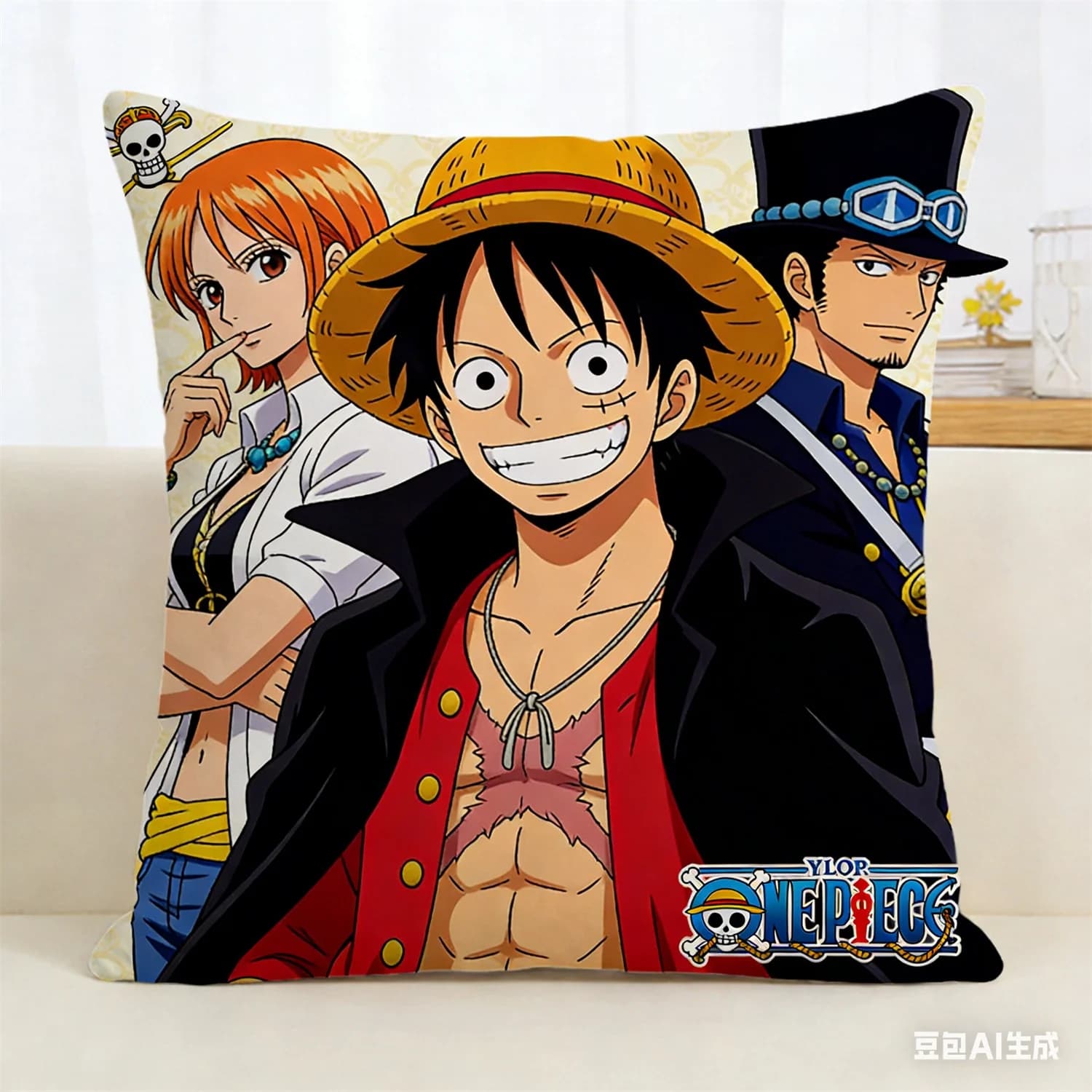 Federa per Cuscino Stampata One Piece con Luffy, Zoro e Sanji, Copricuscino Decorativo Anime Cartoon per Divano e Casa