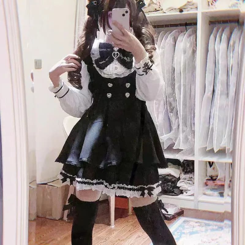 Abito Jirai Kei Bow da donna, stile dolce e kawaii, gonna nera Lolita Y2K, gonna in pizzo a maniche lunghe, abiti gotici, uniforme scolastica giapponese.