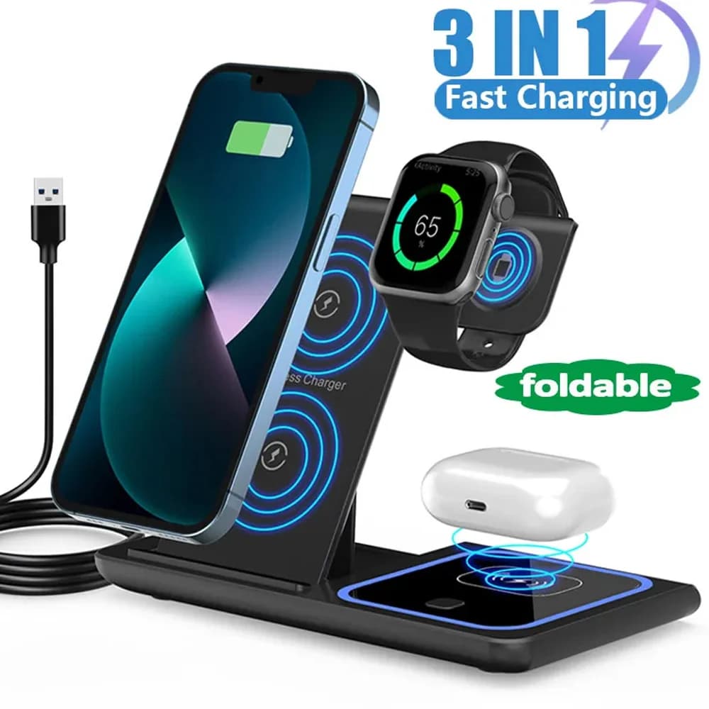 LED Fast Wireless Charger Stand 3 in 1 Foldable Charging Station For iPhone17 16 15 14 13 1Apple Watch 9 8 7 6 5 Airpods Pro