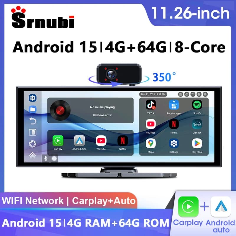 Android 15 Multimedia Reader from 11,26 Inch, DVR for Auto 4G+64G, Dash Cam 1080P, Carplay, Android Auto, Video Recorder for Youtube and Netflix
