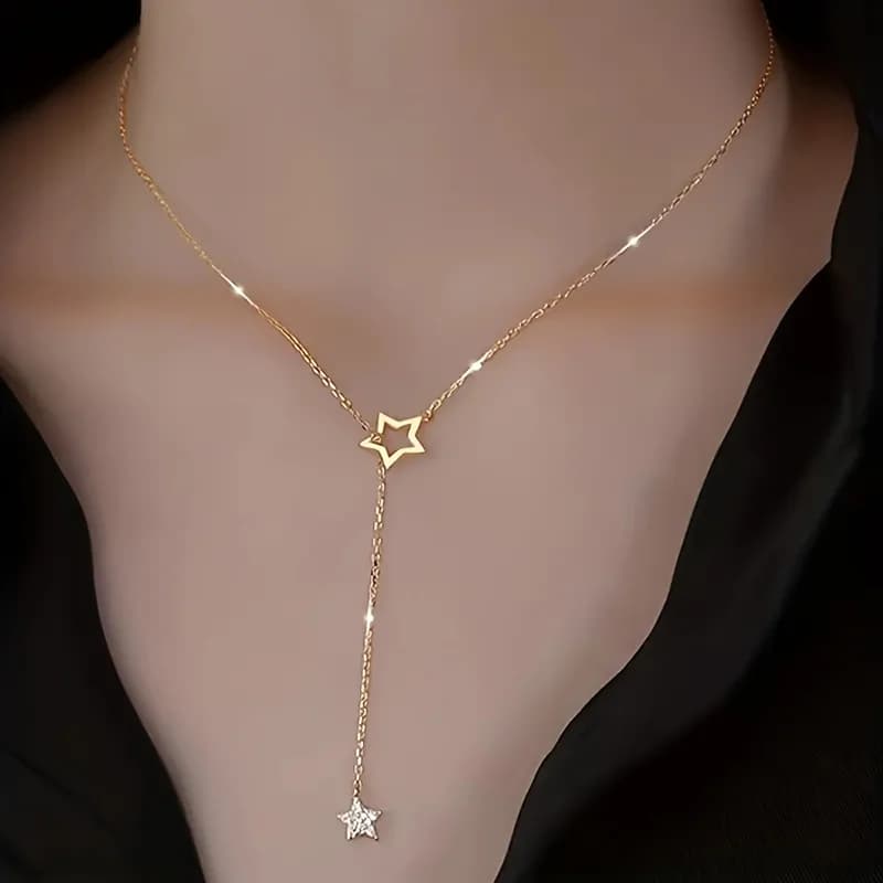 Sparkling Star Hollow Tassel Design Necklace Inlay Shiny Synthetic Zircon Minimalist Temperament Collarbone Jewelry Accessories