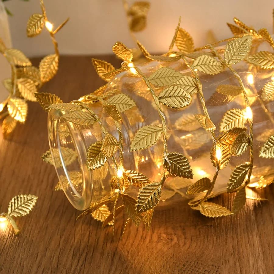 Golden Leaf Rattan Copper Wire String Fairy Light Battery Powered, Christmas Wedding Birthday Balcony Indoor Outdoor Party Decor