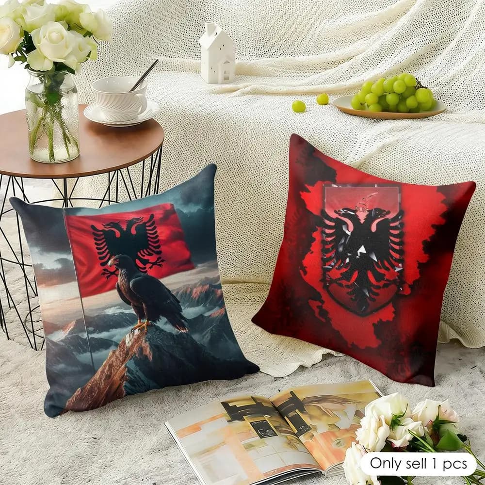 Fodera per cuscino con bandiera dell'Albania in lino naturale, tessuto organico, stampa fronte-retro, decorazione per divano e casa, idea regalo