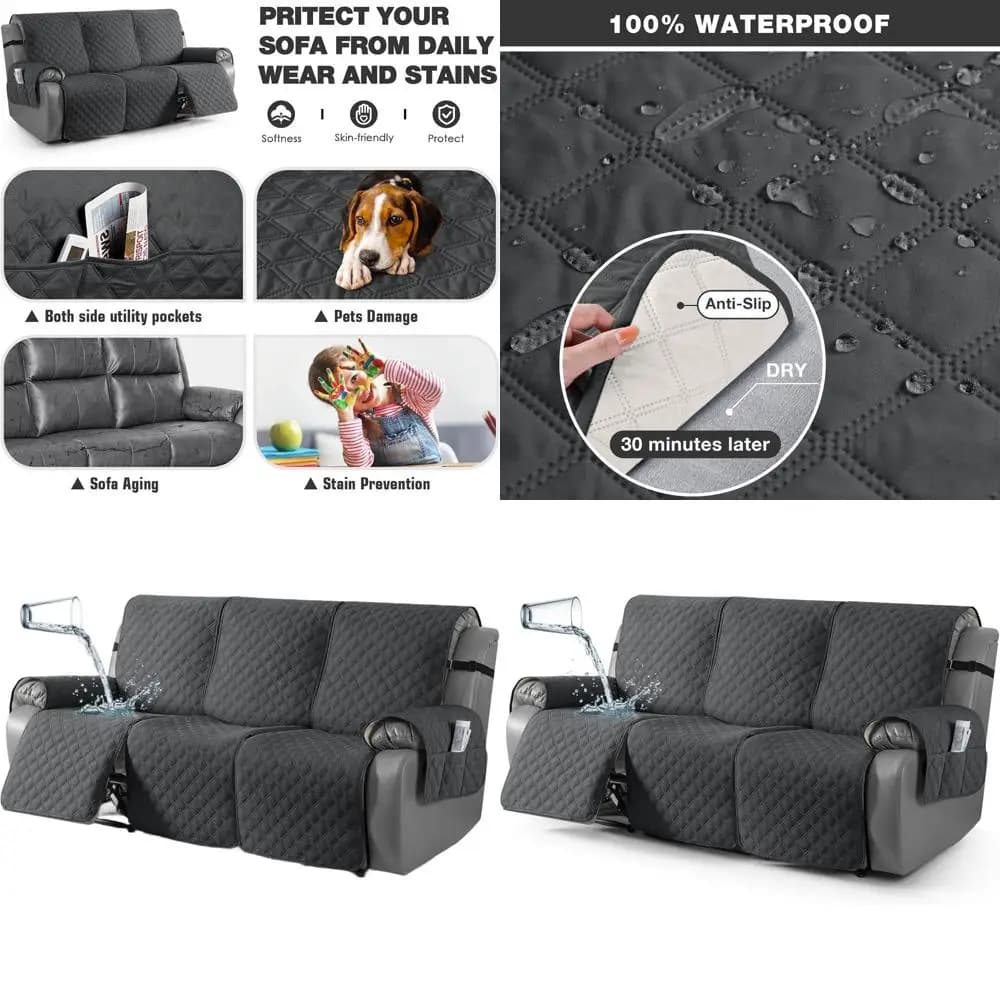 100% Waterproof Reclining Cover with Leg Straps, 3 Seat Sofa Washable Protection for Children and Pets, Grey Anthracite