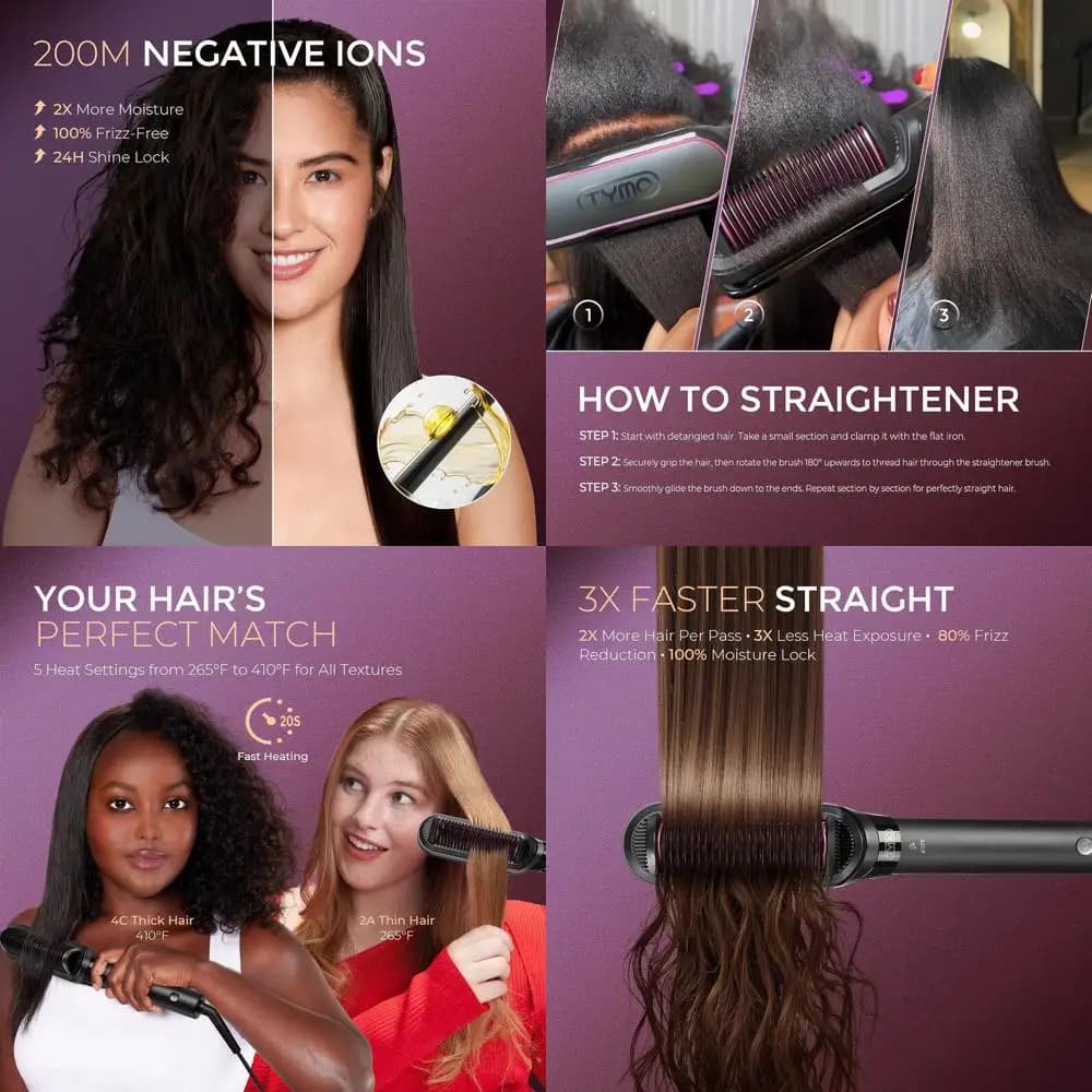 Spazzola Lisciante per Capelli 2-in-1 in Ceramica, Strumento di Styling Ionico 200M per Donne, Doppio Voltaggio, Riduce i Danni da Calore, Crea Capelli Lisci
