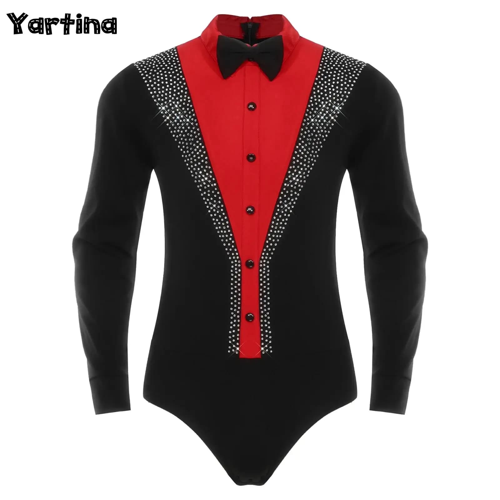 Ginnastica da uomo Pattinaggio di figura artistico Body da tango per performance di danza latina con papillon Body con strass lucidi