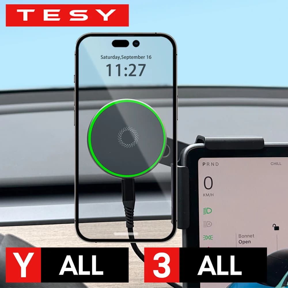 Support for Car Phone with 15W Wireless Magnetic Charger Compatible with MagSafe for Tesla Model Y Juniper 2026 25 Model 3 Highland