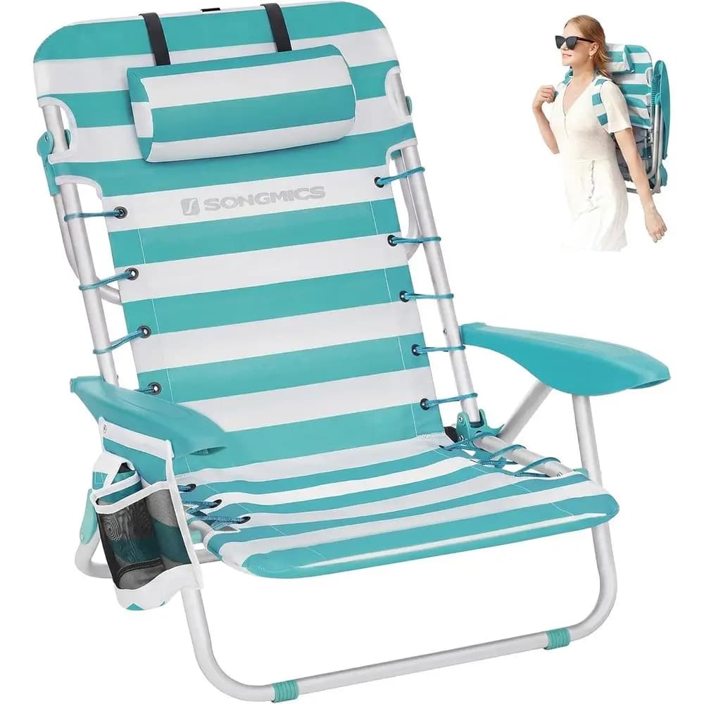 Adjustable Backrest Beach Chair with 331 lb Capacity, 2 Side Pockets, Towel Bar, Green & White