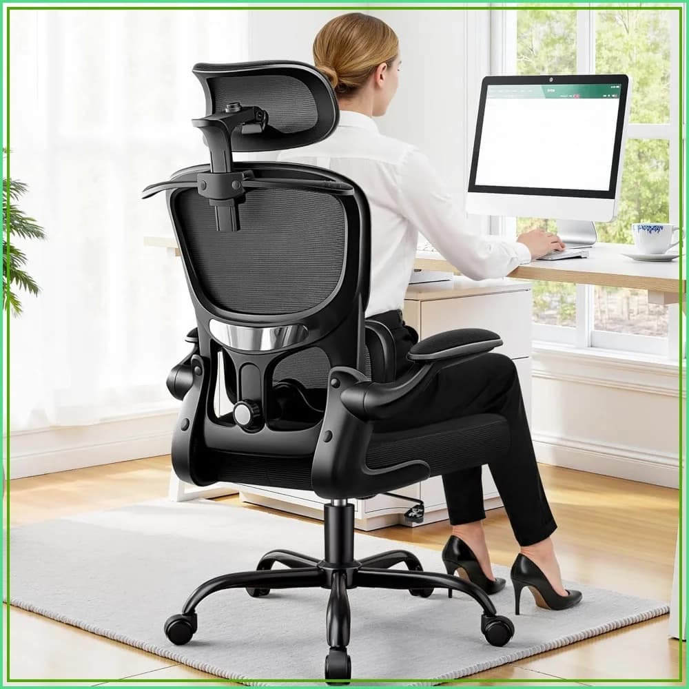 Ergonomic Office Chair, Mesh Desk Chair with Lumbar Support, High Back Home Office Chair, Adjustable Headrest, Flip-Up Arms, Thick Cushion, 300 LBS